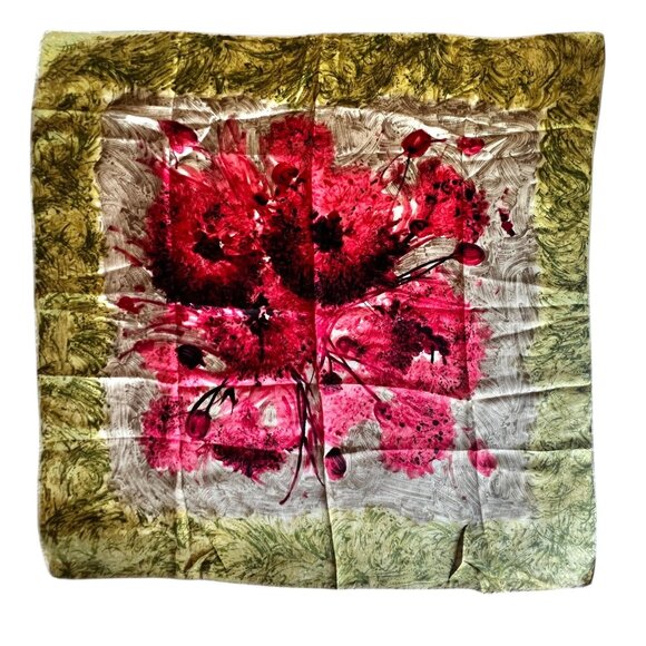 Silk Scarf 30" x 30" Abstract Red Floral & Green Design Rolled Hem - Picture 1 of 7